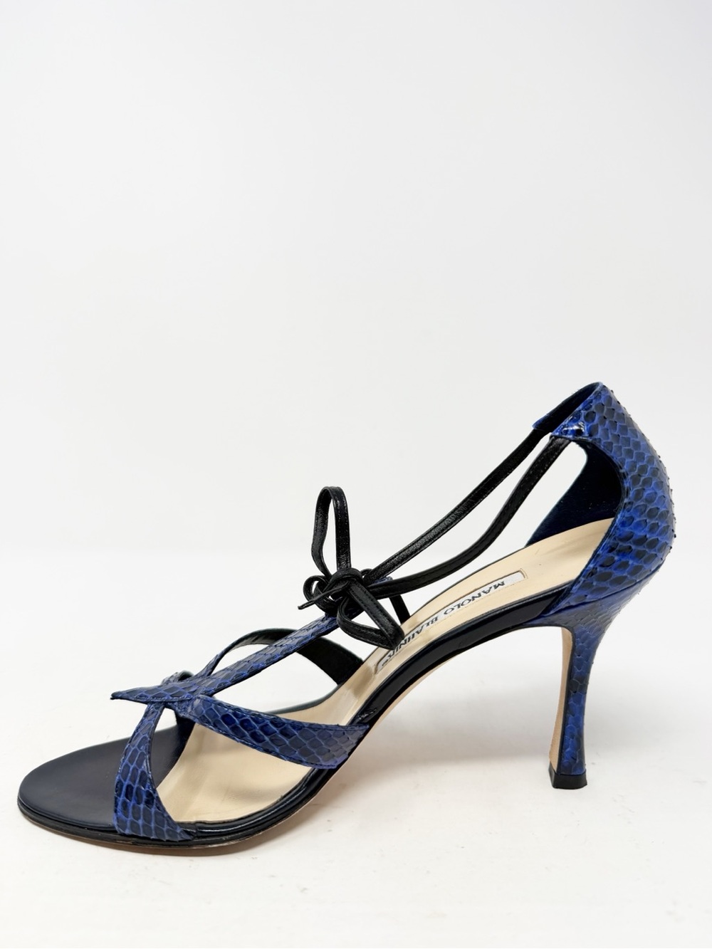 Manolo Blahnik Blue Python Strappy Tie Sandal Heels Womens Size EU 37.5 - Picture 7 of 11